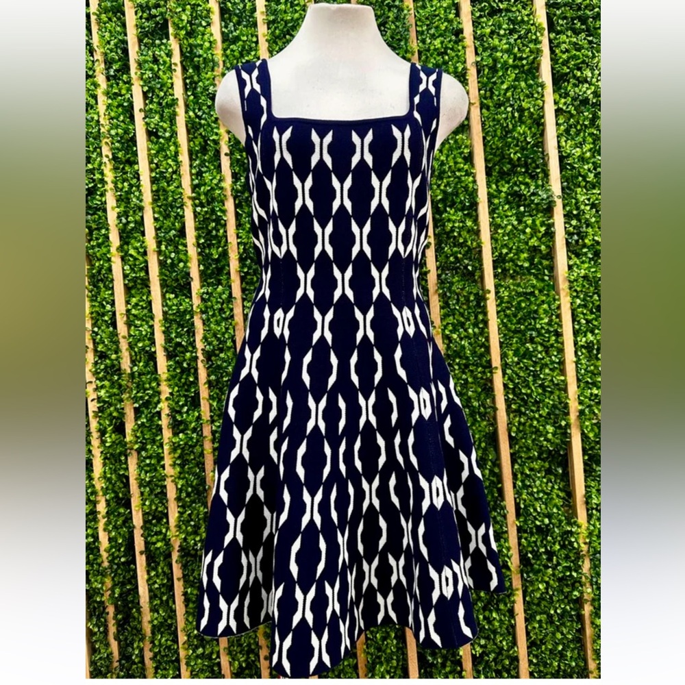 Blue and White Sleeveless Halter Mini Dress